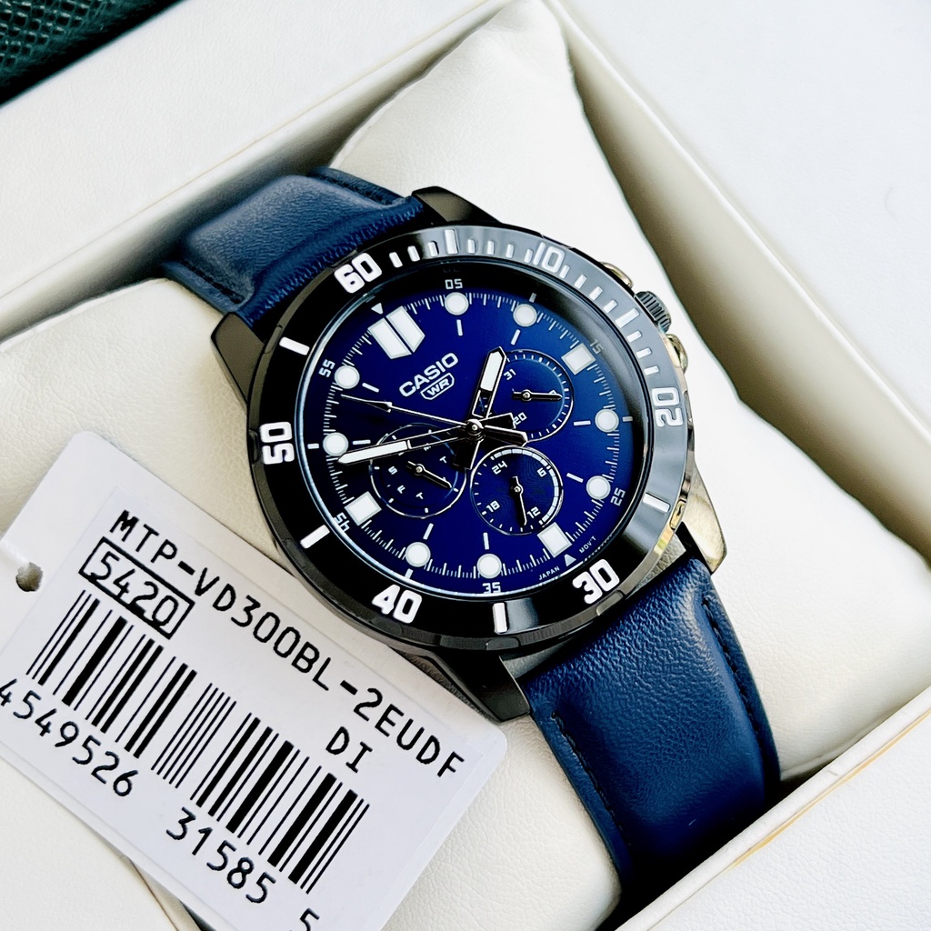 Đồng hồ nam cao cấp Casio MTP VD300BL -2E Dây da mặt xanh 6 kim viềng đen chống nước 3atm Bảo hành 1 năm Hyma watch