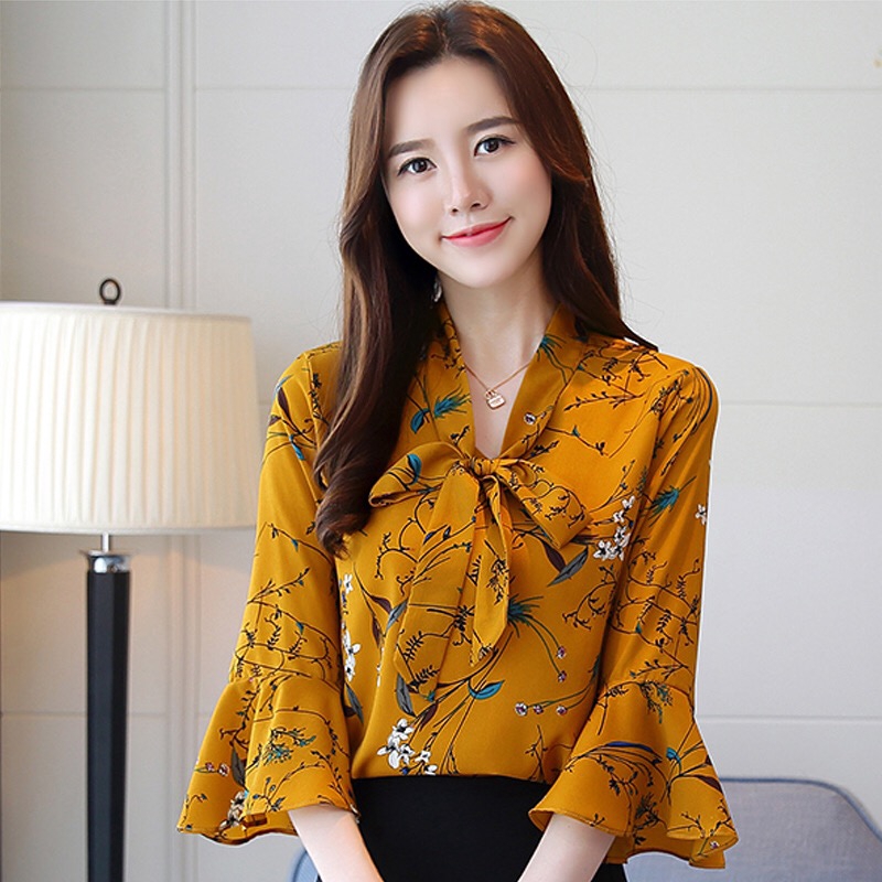 Áo kiểu chất Chiffon tay loe hoạ tiết hoa thời trang công sở cho phái nữ