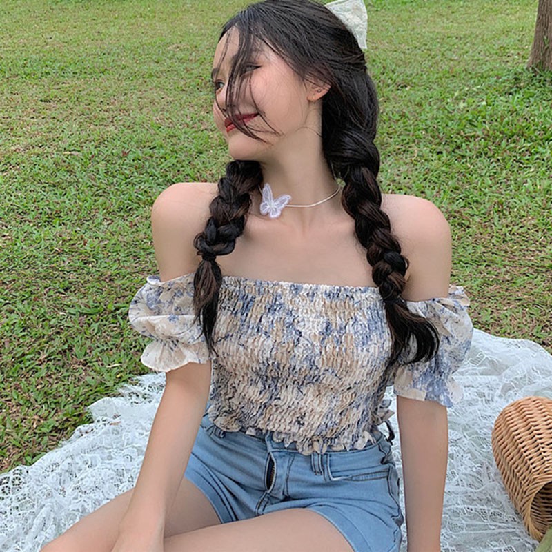 Áo Kiểu Chất Chiffon Tay Ngắn Thiết Kế Trễ Vai Quyến Rũ