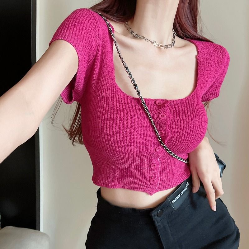 Rose short-sleeved knitted cardigan girl summer thin style spicy girl square collar tight thin short style blouse bottom blouse