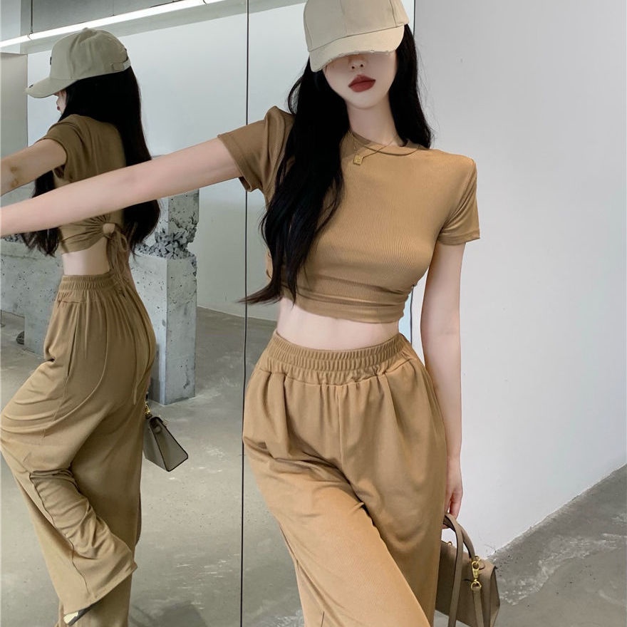 Set đồ COZOKC gồm áo thun ngắn tay phối quần ống rộng lưng cao thời trang dành cho nữ