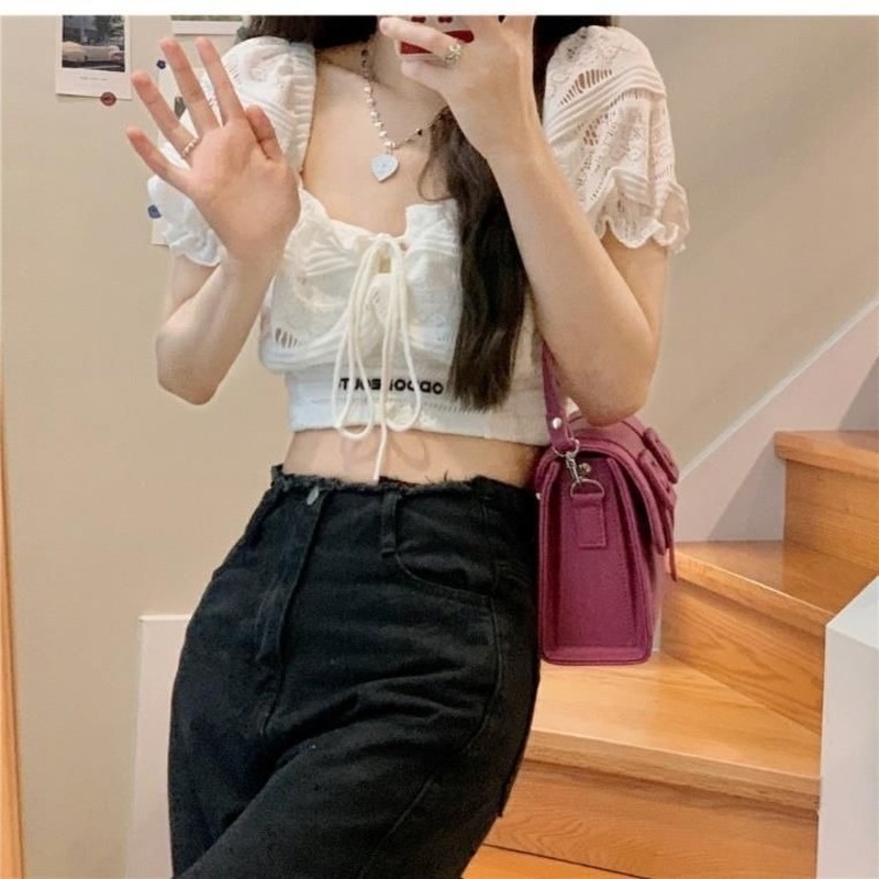 Đầm Ngắn Tay Phồng Cổ Vuông Eo Cao Phối Ren Thời Trang Mùa Hè Cho Nữ