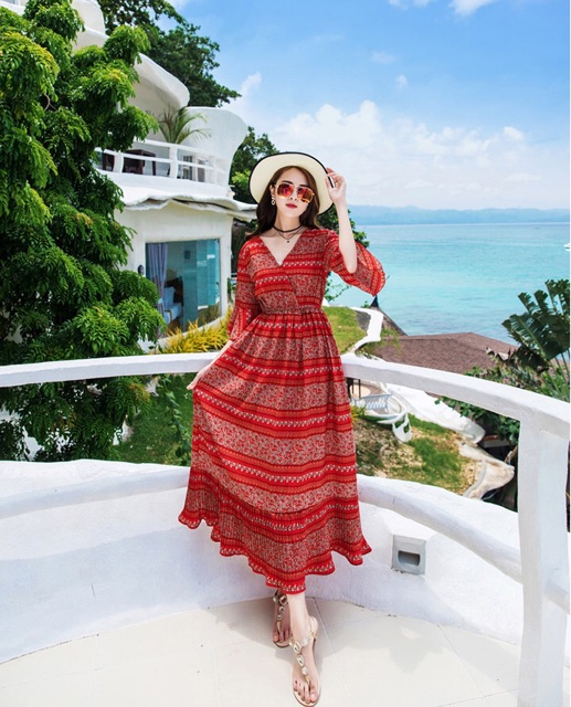 Đầm maxi chiffon mịn tay lỡ eo thun hoạ tiết hoa thổ cẩm size S M L XL