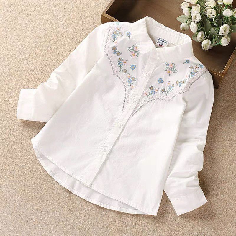 Áo sơ mi trắng họa tiết hoa thêu chất Kate_A9053