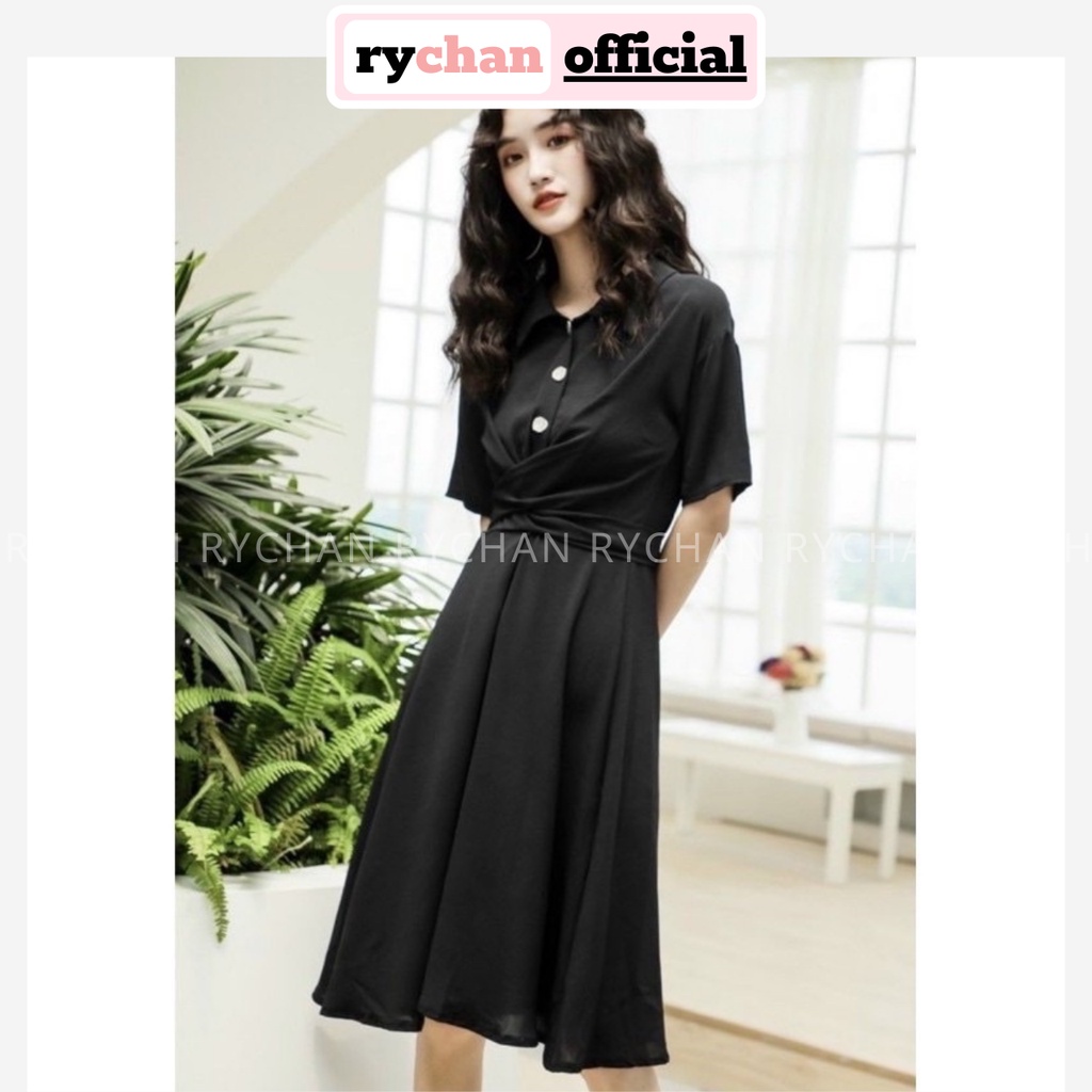 Đầm Váy Sơ Mi Nữ Cách Tân Nút Trước Chéo Eo Cực Thanh Lịch Màu Hồng Ruốc Xanh Đen - DX9886