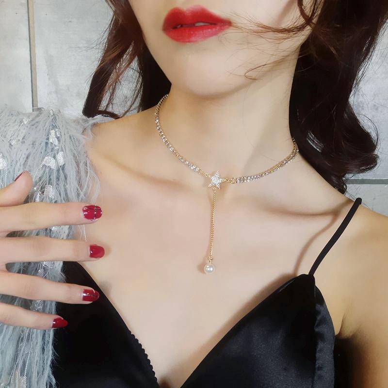 Dây chuyền ngôi sao thả hạt đá lấp lánh vòng cổ choker đính đá phụ kiện nữ thiết kế thời trang phong cách Hàn Quốc