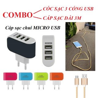 BỘ SẠC DÂY DÀI 3 MÉT VÀ CÓC SẠC 3 CỔNG USB ( MICRO USB)