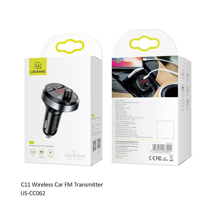 Bộ phát sóng FM tích hợp 2 cổng USB 5V sạc nhanh cho xe hơi USAMS US-CC062 C11 Wireless Car FM Transmitter