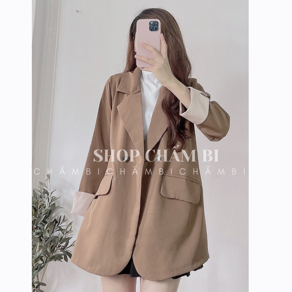 Áo khoác nữ A.244, Áo khoác blazer nữ dài tay sắn gấu pha be cách điệu 2 cúc vạt tròn cực xinh | BigBuy360 - bigbuy360.vn