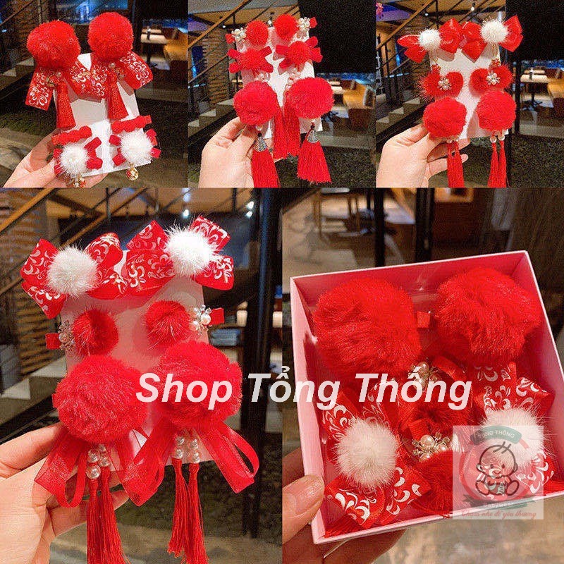 Set kẹp tóc màu đỏ Tết năm mới mẫu mới phong cách dễ thương cao cấp phụ kiện đáng yêu xinh an toàn cho da đầu cho bé gái