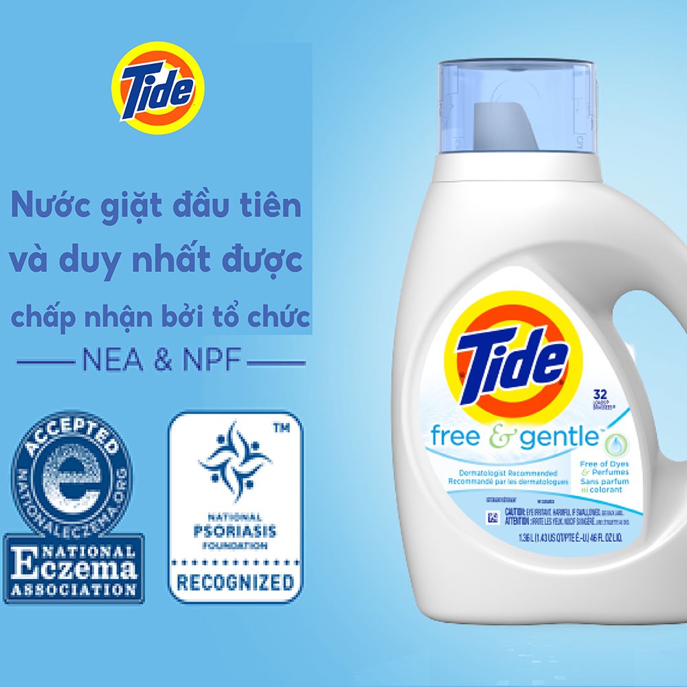 Nước Giặt Tide Free &amp; Gentle Dịu Nhẹ Không Mùi Dành Cho Da Nhạy Cảm 1.36L