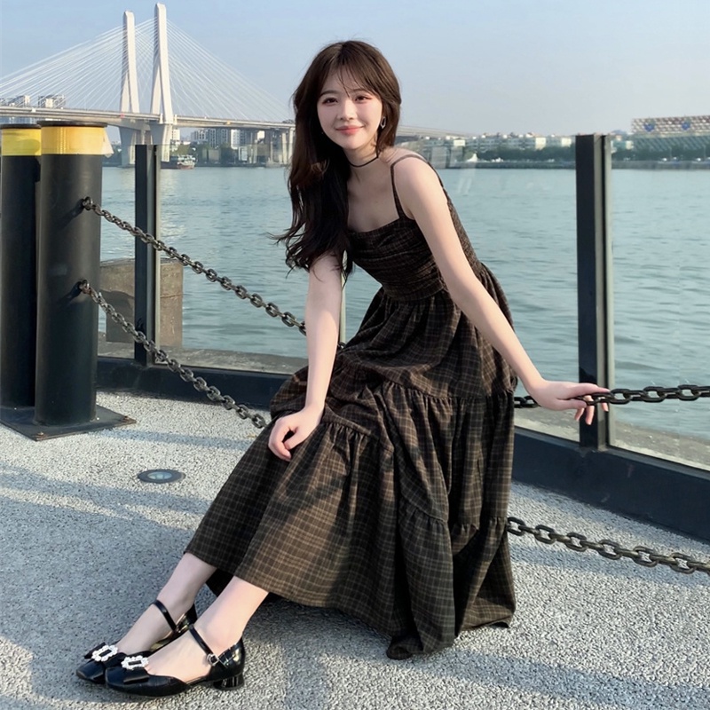 ĐẦM MAXI HAI DÂY SỌC CARO