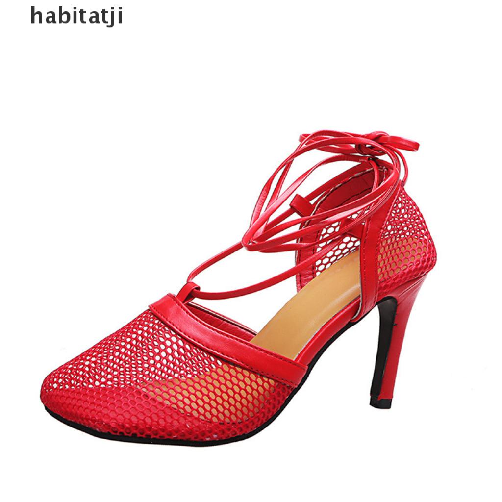 【tji】 2021 New Sexy Yellow Mesh Pumps Sandals Female Square Toe high heel Lace Up Cross-tied Stiletto hollow Dress shoes .