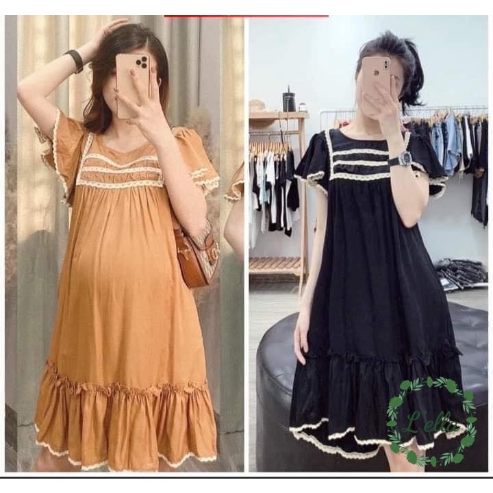 Váy Bầu Công Sở Đầm Bầu Dáng Suông Thiết Kế Viền Ren Ngắn Tay Chất Cát Hàn Siêu Mát freesize