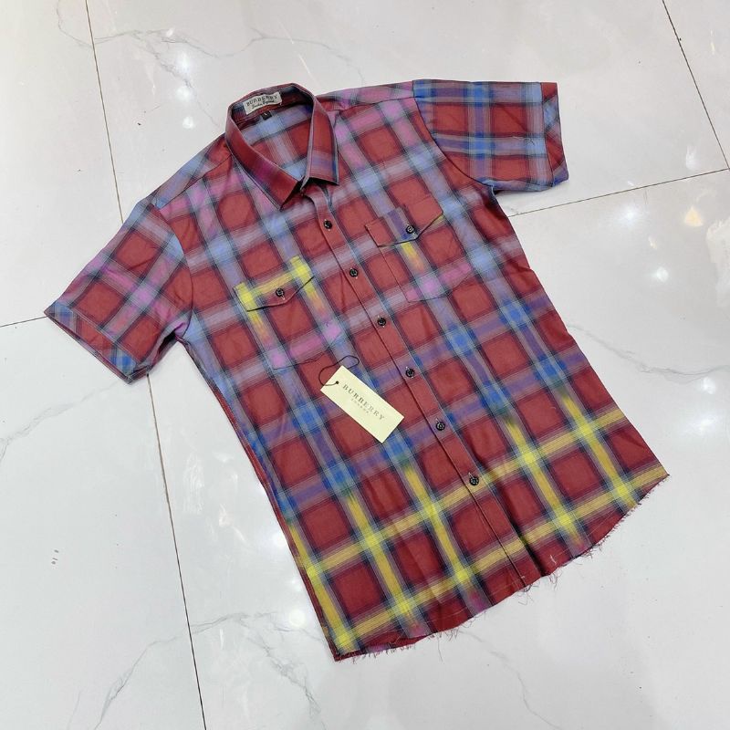 Áo sơ mi bbr nam cộc tay ngắn loang màu rách gấu 2 túi ngực chất liệu cotton không phai màu hay xù lông