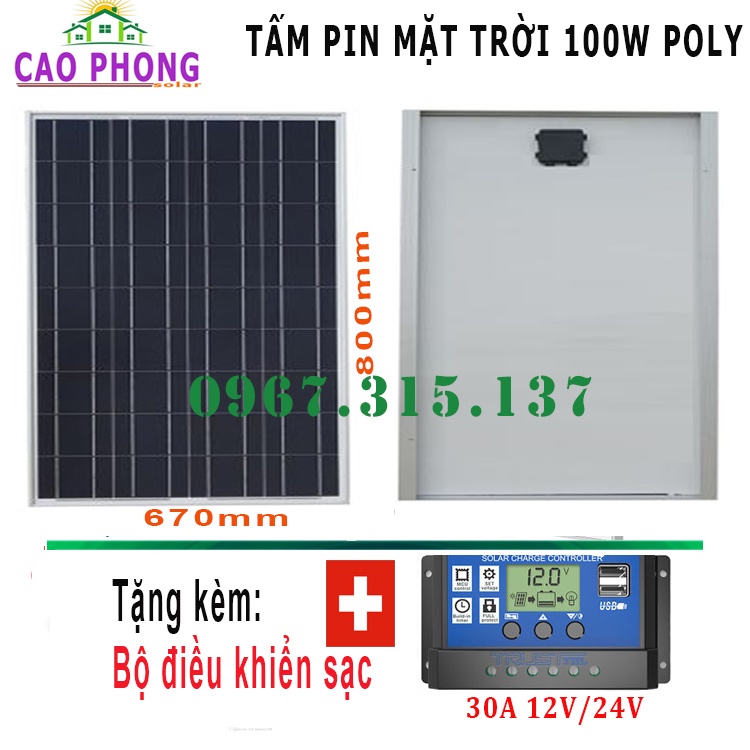 TẤM PIN MẶT TRỜI 100W POLY tặng kèm điều khiển sạc 30A