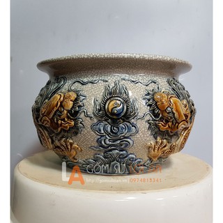 BÁT HƯƠNG Lựu, lư hương Bát Tràng Rạn nổi đắp Lưỡng Long đường kính 22 cho Quý Tân Gia, Tân Niên,bát hương gốm sứ