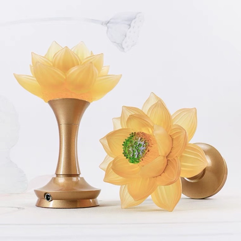 CẶP 2 CÂY ĐÈN LED HOA SEN LƯU LY THỜ CÚNG TRANG TRÍ