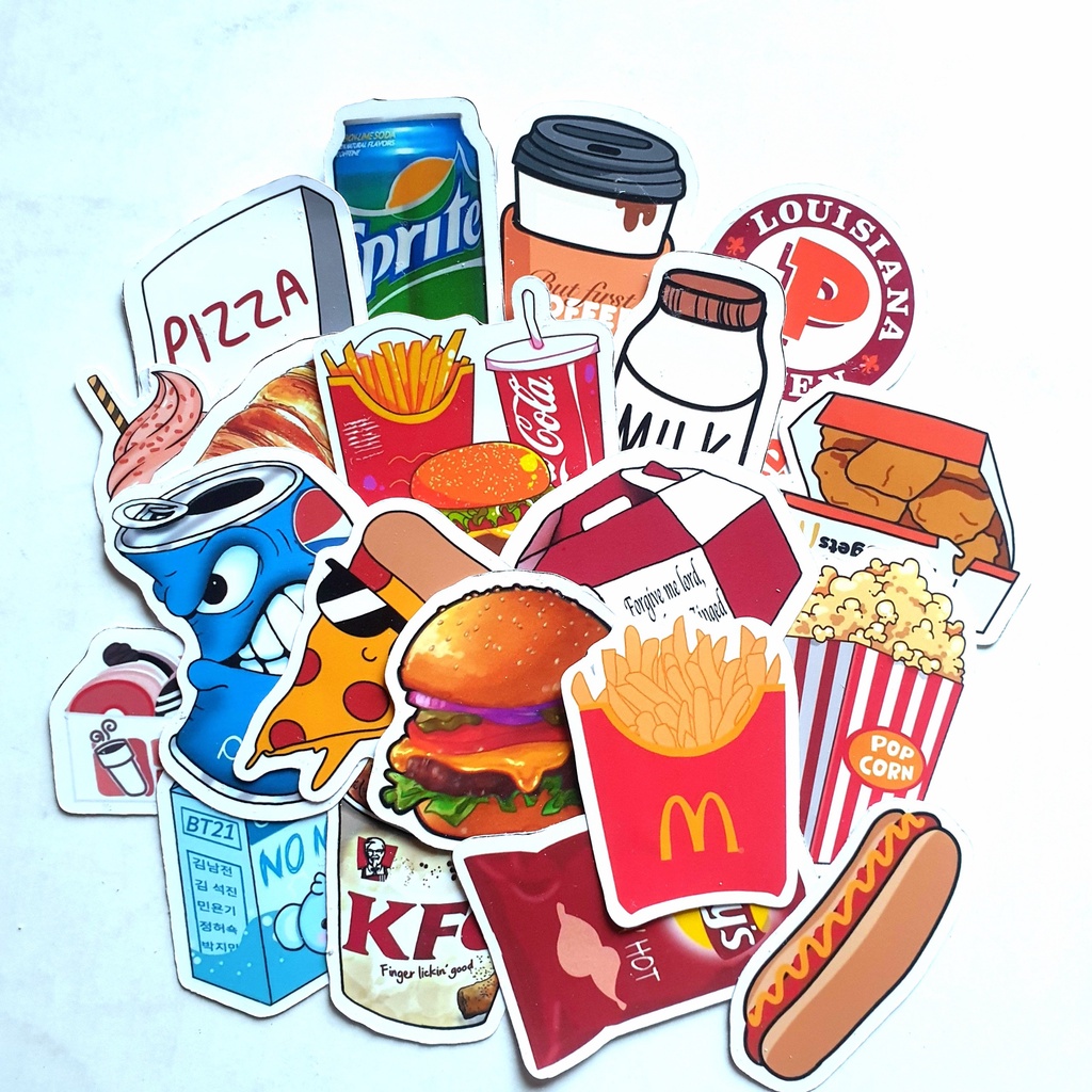 Bộ sticker chống thấm nước trang trí mũ bảo hiểm, đàn, guitar, ukulele, điện thoại laptop,hình dán chủ đề đồ ăn nhanh