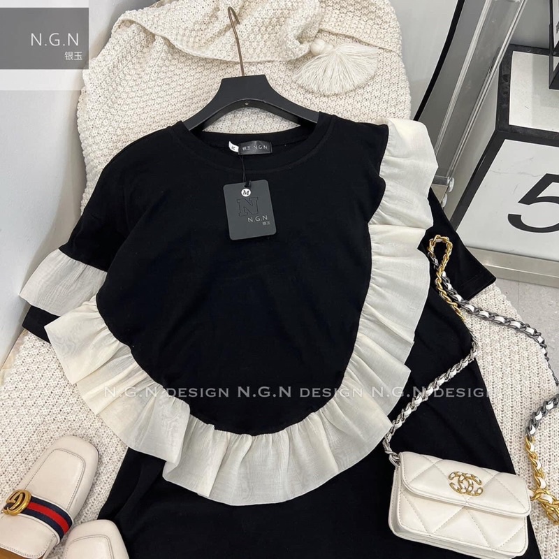 Áo thun tay lỡ dáng babydoll phối viền bèo trắng CAMNHUNG - Áo phông nam nữ chất cotton dày dặn Freesize form rộng 65kg