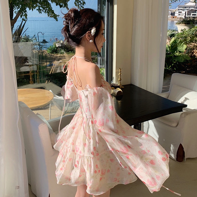 Đầm Voan Hoa Cổ Chữ Nhật Trễ Vai Xinh Xắn Dành Cho Nữ
