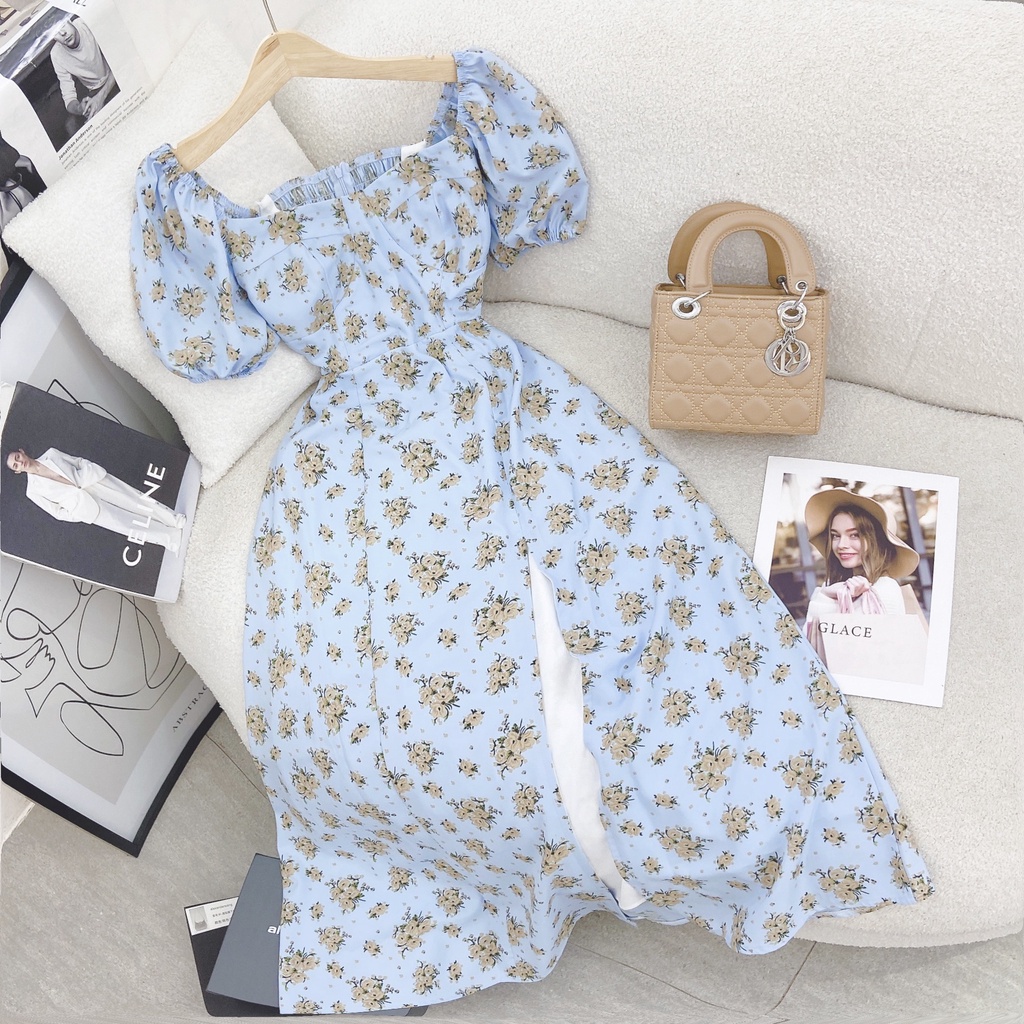 ĐẦM XANH HOA VÀNG TAY BỒNG RÃ NGỰC CHUN SAU LƯNG