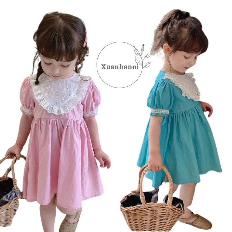 Váy bé gái basic cổ trắng thêu hoa nổi 2 mầu Xanh Hồng XHN844