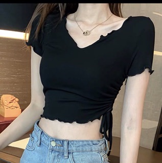 ÁO CROPTOP CUỘN BIÊN CỔ V RÚT EO( kèm ảnh thật)