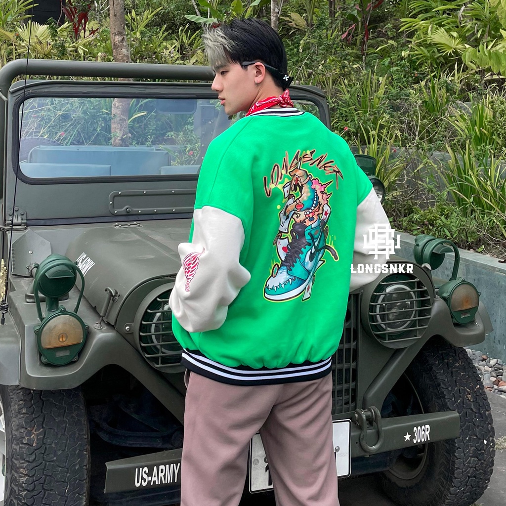 _ Áo khoác Varsity Green họa tiết Longsnkr chất nỉ giữ nhiệt và thoáng - Bomber /Vars