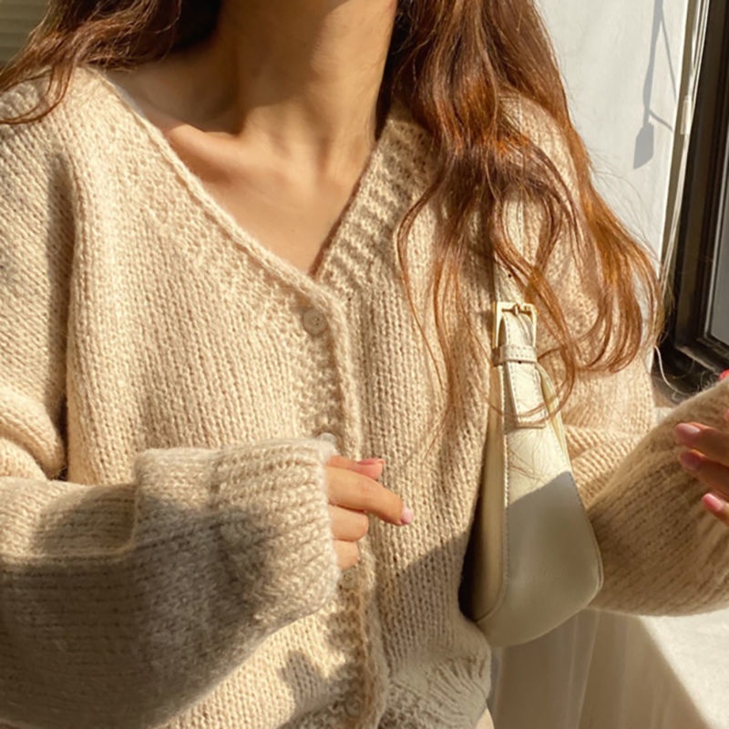 Áo Khoác Cardigan Dệt Kim Tay Dài Cổ Chữ v Màu Sắc Đơn Giản Cho Nữ