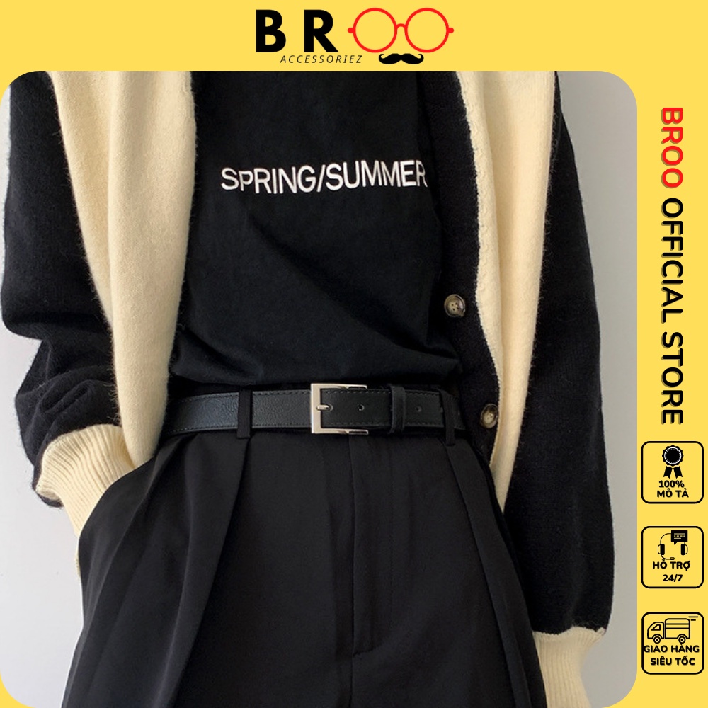 Thắt lưng ulzzang unisex BROO mặt kim vuông bạc, dây nịt lưng da PU đẹp bản dây 2.8cm cho nam nữ