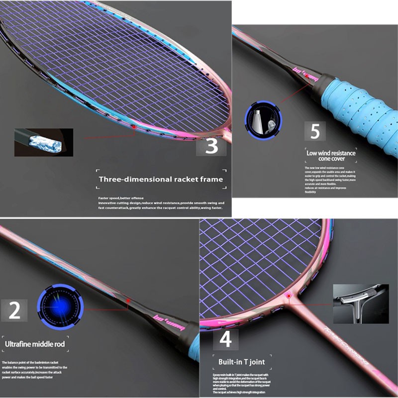 Vợt cầu lông khung Cacbon Boweiqi cao cấp chính hãng siêu nhẹ siêu bền dây vợt căng kèm phụ kiện HB88