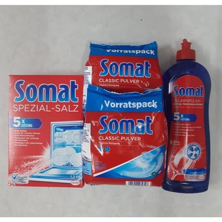 Combo Somat gồm 1 hộp muối xử lý nước, 2 bịch bột rửa chén, 1 chai nước làm bóng bát đĩa Somat