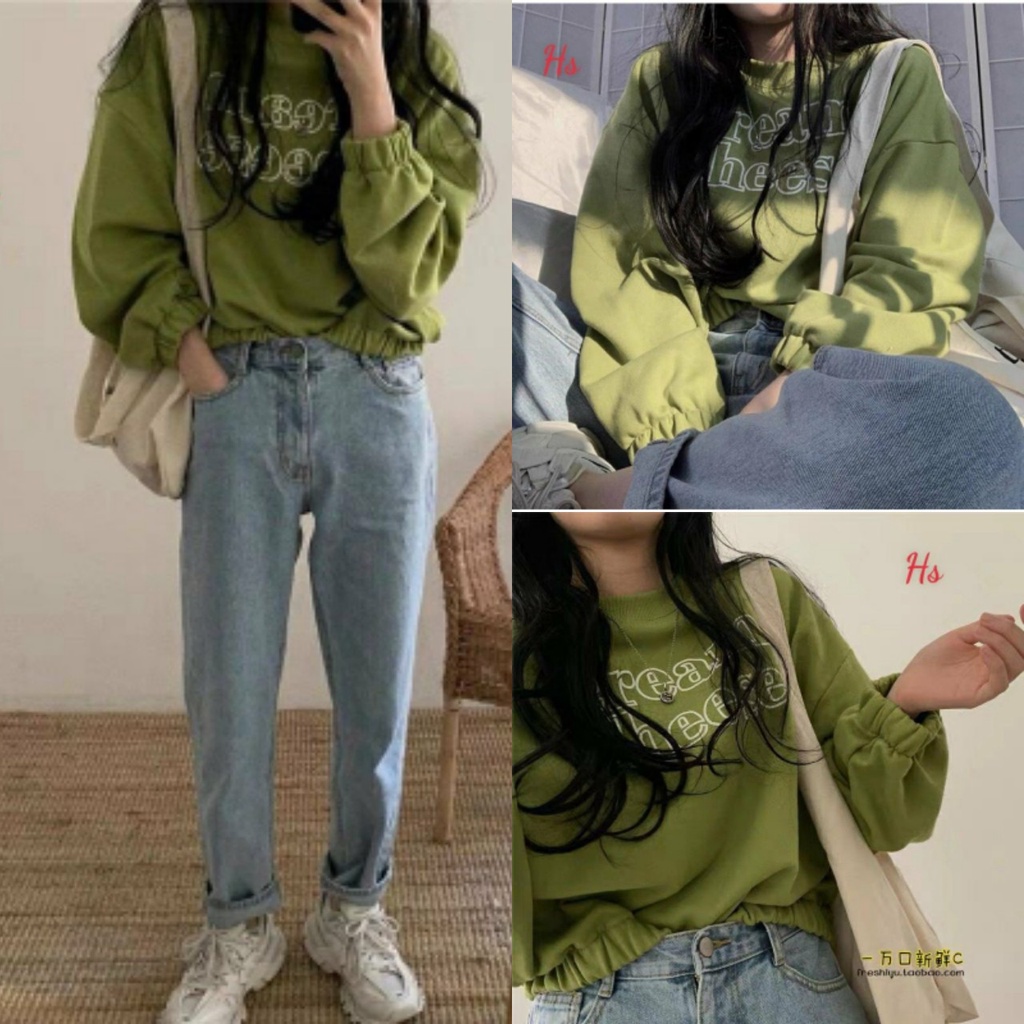 Áo Croptop ,Nỉ Nữ Dài Tay Xanh, Dáng Lỡ In Chữ GREANN