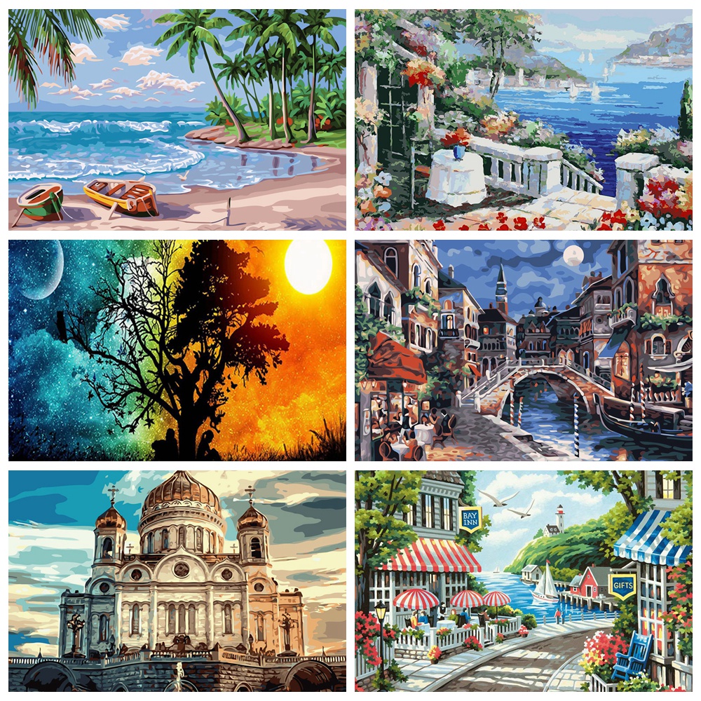 Bộ Tranh Sơn Dầu 40x50cm Tự Làm Hình Phong Cảnh Lâu Đài Trên Bãi Biển