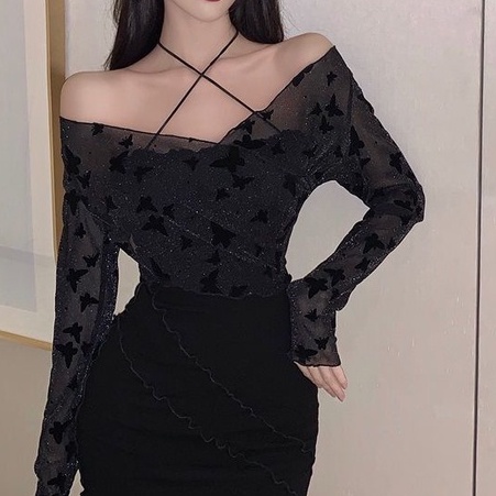 Đầm dài tay cổ tròn hở vai màu đen phong cách hip hop thời trang mùa thu dành cho nữ