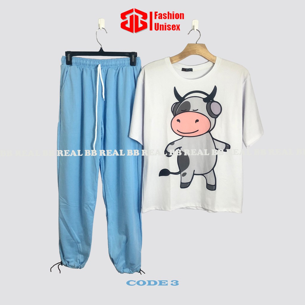 ĐỒ BỘ THUN DÂY RÚT - (Nhiều Mẫu) QUẦN XANH DƯƠNG, ÁO CARTOON From Rộng Unisex, THOÁNG MÁT, Freesize DƯỚI 65KG - BB REAL