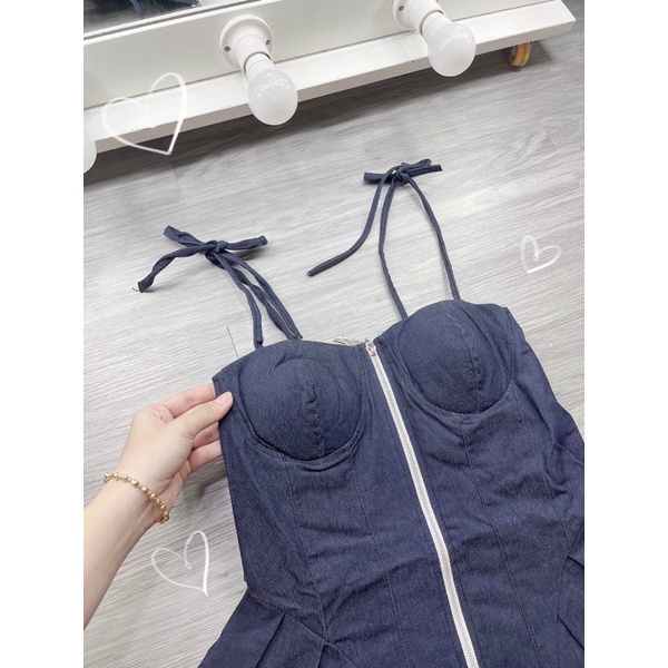 Đầm Jean Co Giãn Cúp Mút Ngực Dây Khoá Kéo Giữa Dây Thắt Vai Dáng Xoè