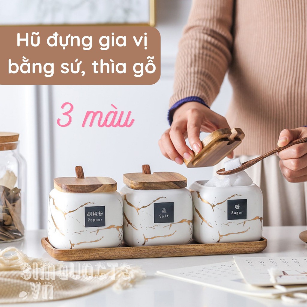 [Tặng kèm khay gỗ] Bộ 3 hũ đựng lọ đựng gia vị dầu ăn bằng sứ cao cấp