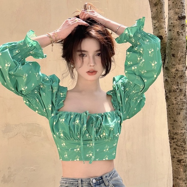 Áo Trễ Vai Tay Phồng Họa Tiết Hoa Thời Trang Cho Nữ