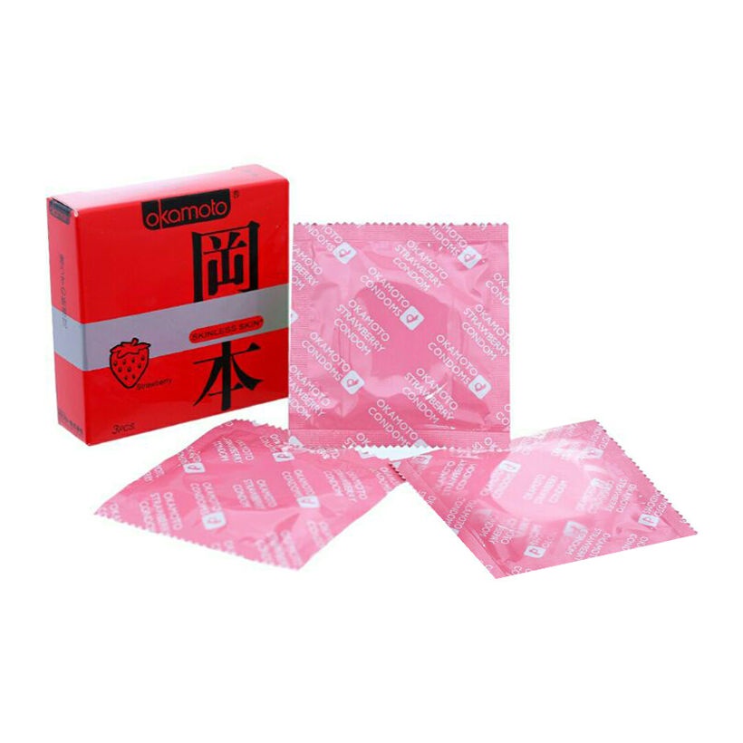 Bao cao su Okamoto Skinless Skin Strawberry, bcs hương dâu siêu mỏng kéo dài thời gian