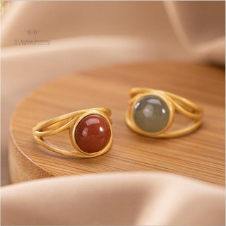 (Tại chỗ/phụ kiện)S925 Sterling bạc nhẫn nam đỏ tự nhiên mã não Nữ và hoa sen ngọc bích vàng kim loại Vòng Thời Trang
