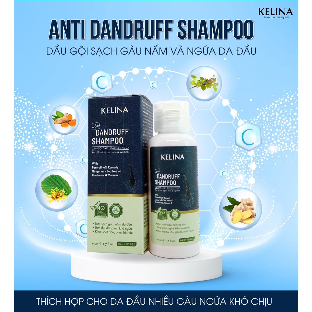 Dầu Gội Sạch Gàu Ngứa, Loại Bỏ Nấm Da Đầu Kelina, Không Gây Khô Tóc, An Toàn, Hiệu Quả Nhanh, Ngăn Tái Phát Tốt 50ml