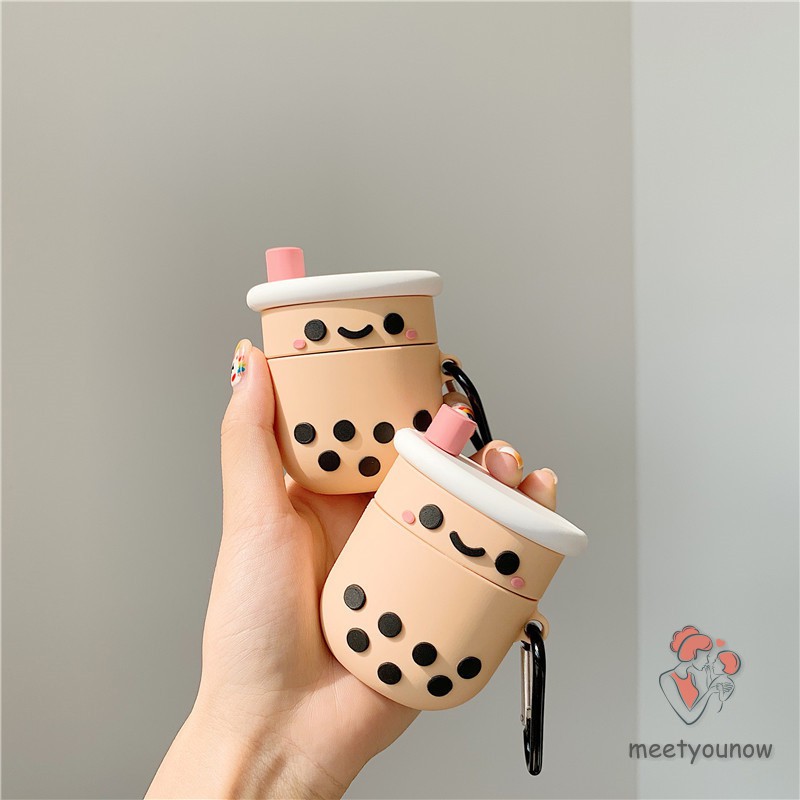 Bluetooth Headset Case Cute Cartoon Boba Tea with Keychain Silicone Dust-Proof Case For Airpods 1/2