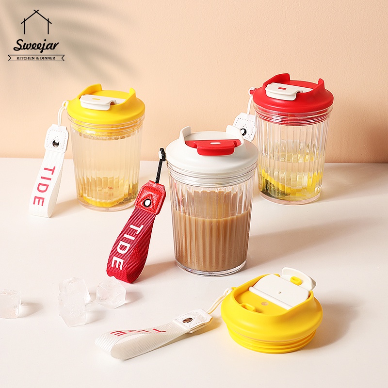 Cốc Uống Trà Cà Phê 400ML Bằng Nhựa PP Có Thể Tái Sử Dụng Kèm Nắp Đậy Và Dây Rút Tiện Dụng Mang Theo Du