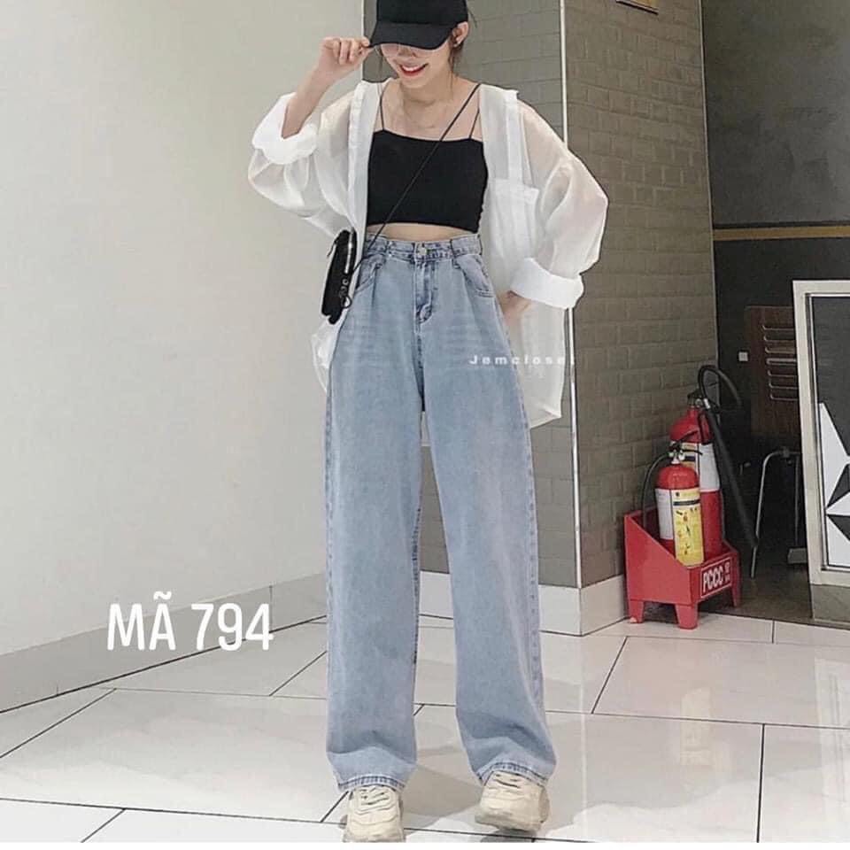 Quần bò ống suông cạp cao cài khuy nữ - Culottes jean dáng rộng thiết kế basic, trẻ trung, năng động style Ulzzang