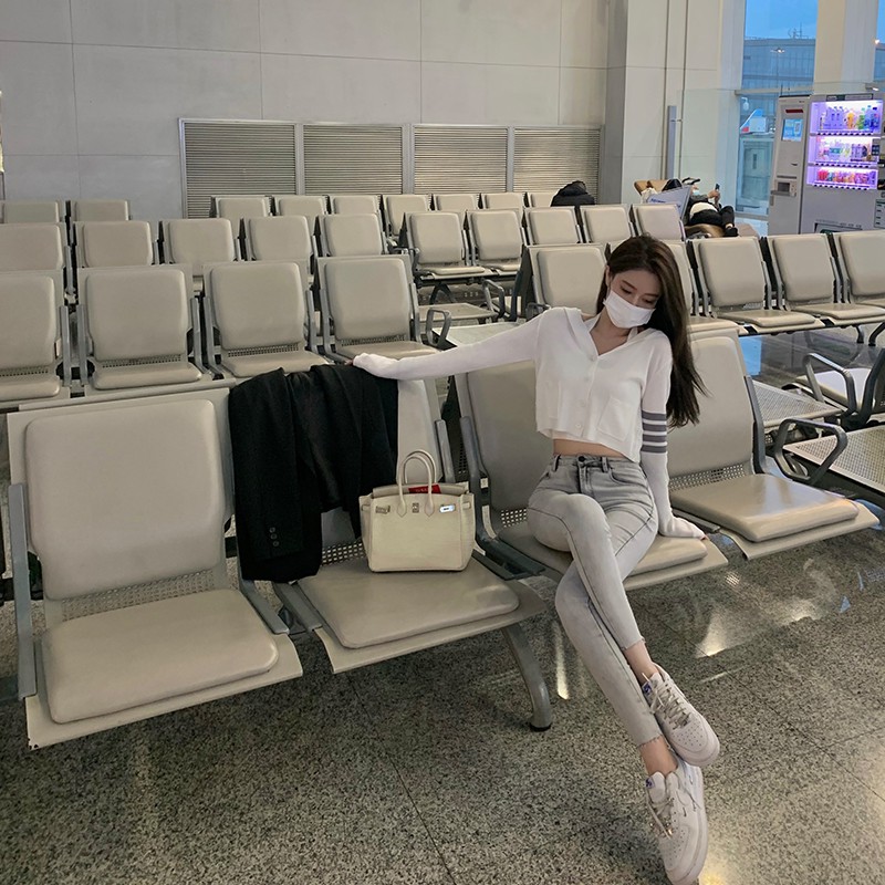 Cocory vn Áo dệt kim tay dài hoạ tiết kẻ sọc thời trang cho nữ