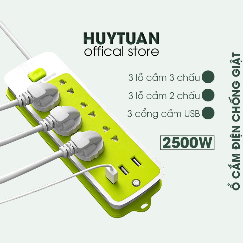 Ổ cắm điện xanh đa năng chống giật, 6 giắc cắm, tích hợp 3 cổng USB