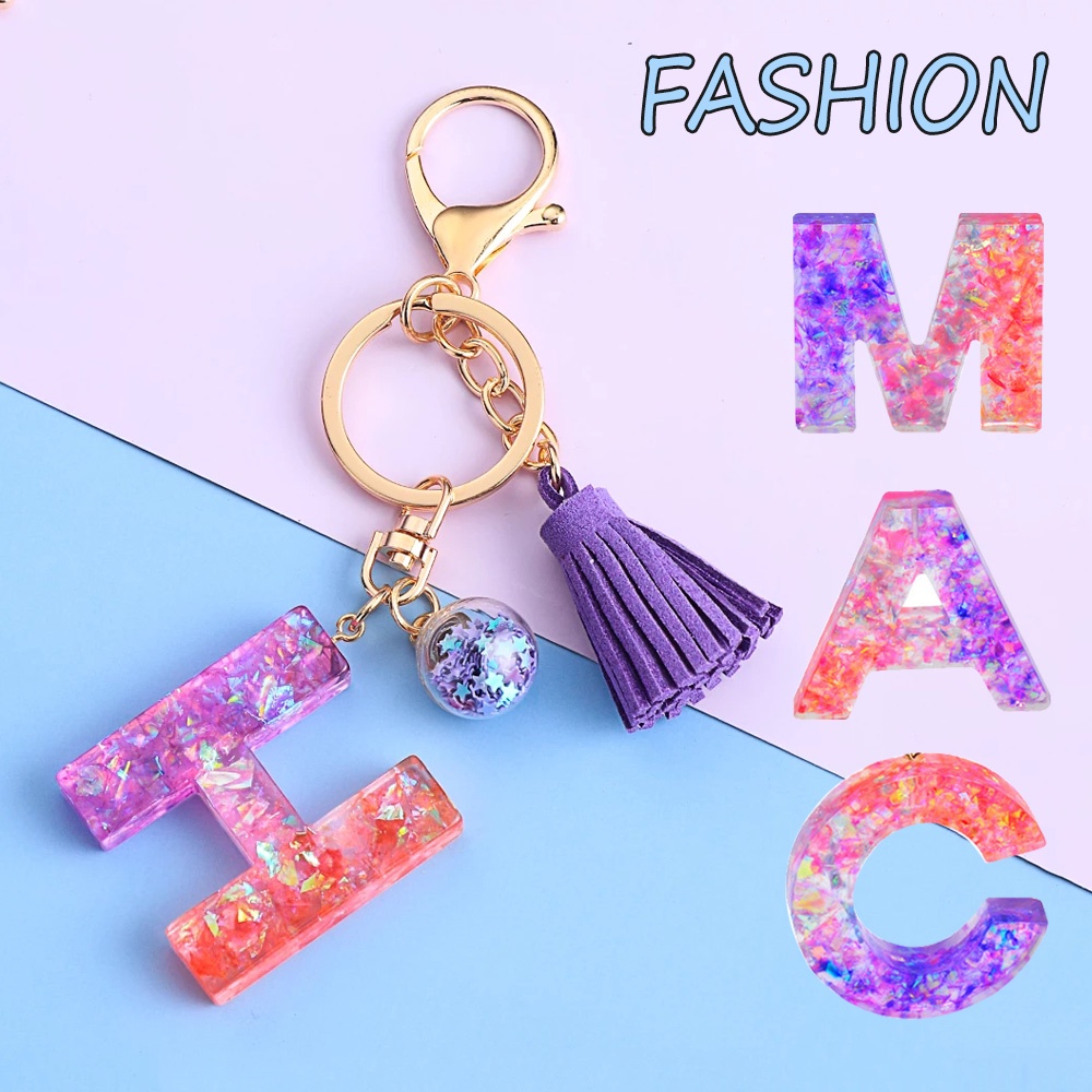 Mới Móc Khóa Nhựa Họa Tiết Chữ Tiếng Anh Lấp Lánh Gắn Núm Tua Màu Tím Thời Trang