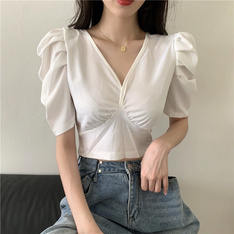 Áo Kiểu Tay Phồng Ngắn Cổ Chữ V Ôm Eo Thời Trang Mùa Hè Đơn Giản Dành Cho Nữ